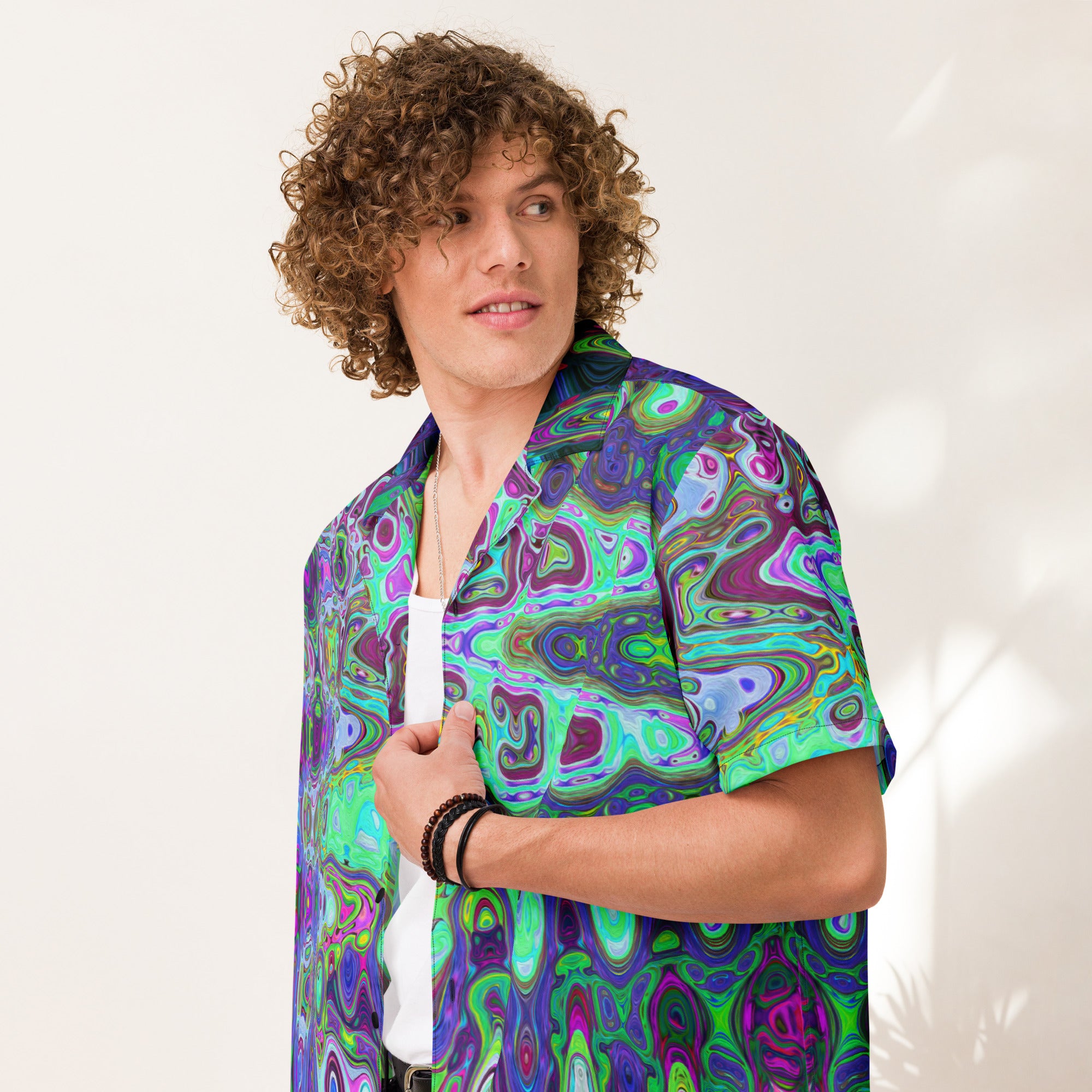 Unisex Button Shirt | Abstract Green and Purple Wavy Mosaic Retro