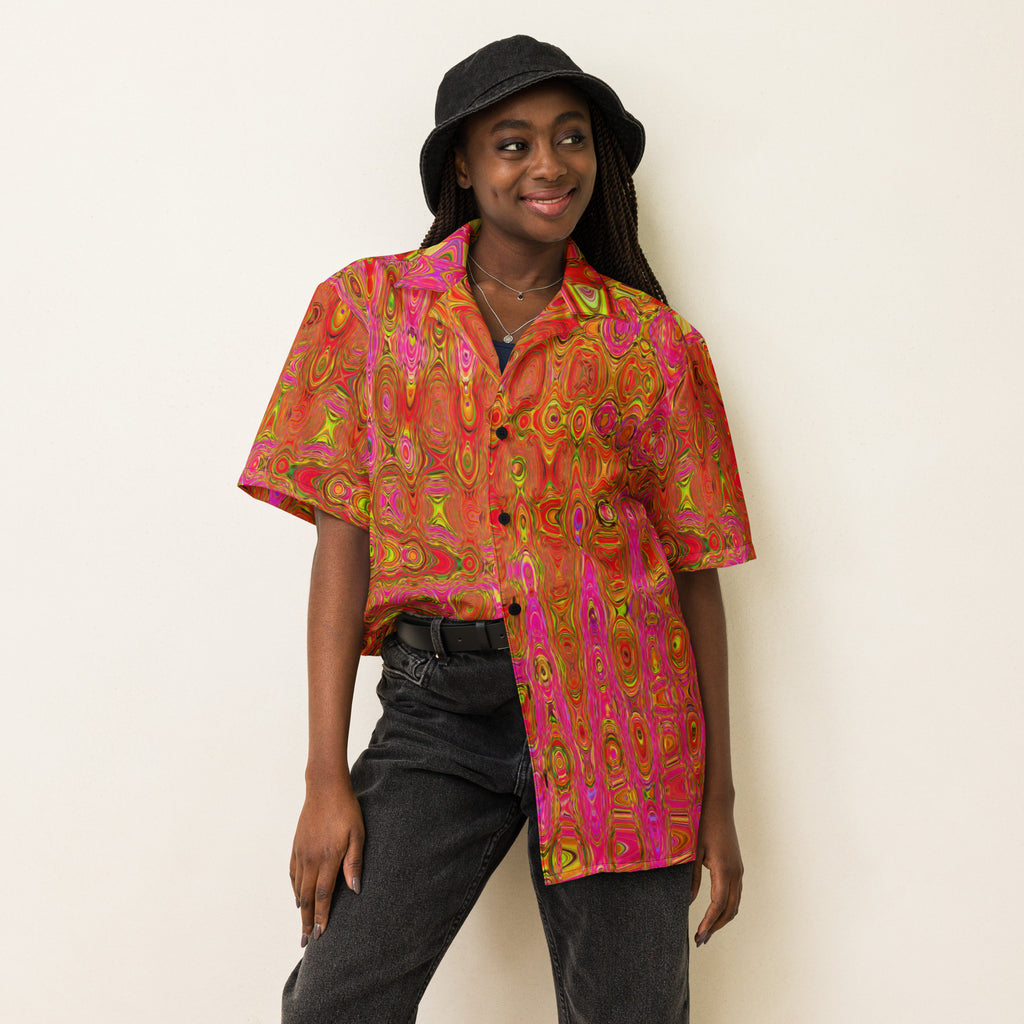 Unisex Button Shirt | Cool Abstract Red and Yellow Atomic Retro Zigzags