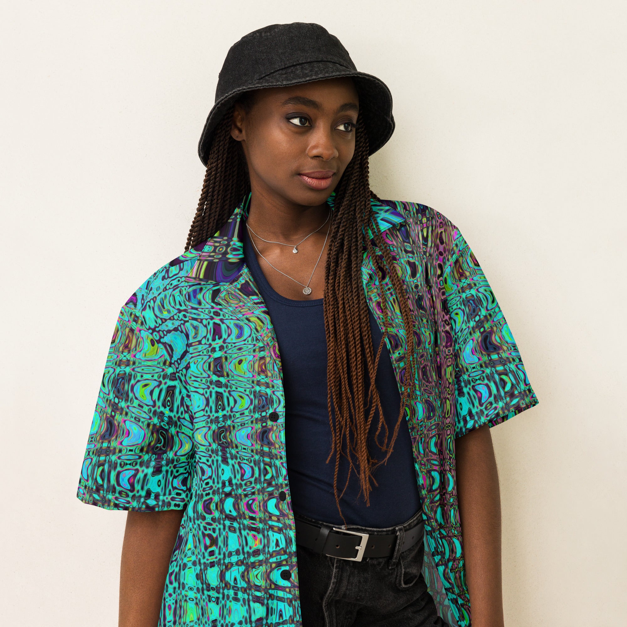 Unisex Button Shirt | Abstract Kaleidoscopic Aqua Retro Boomerang Waves