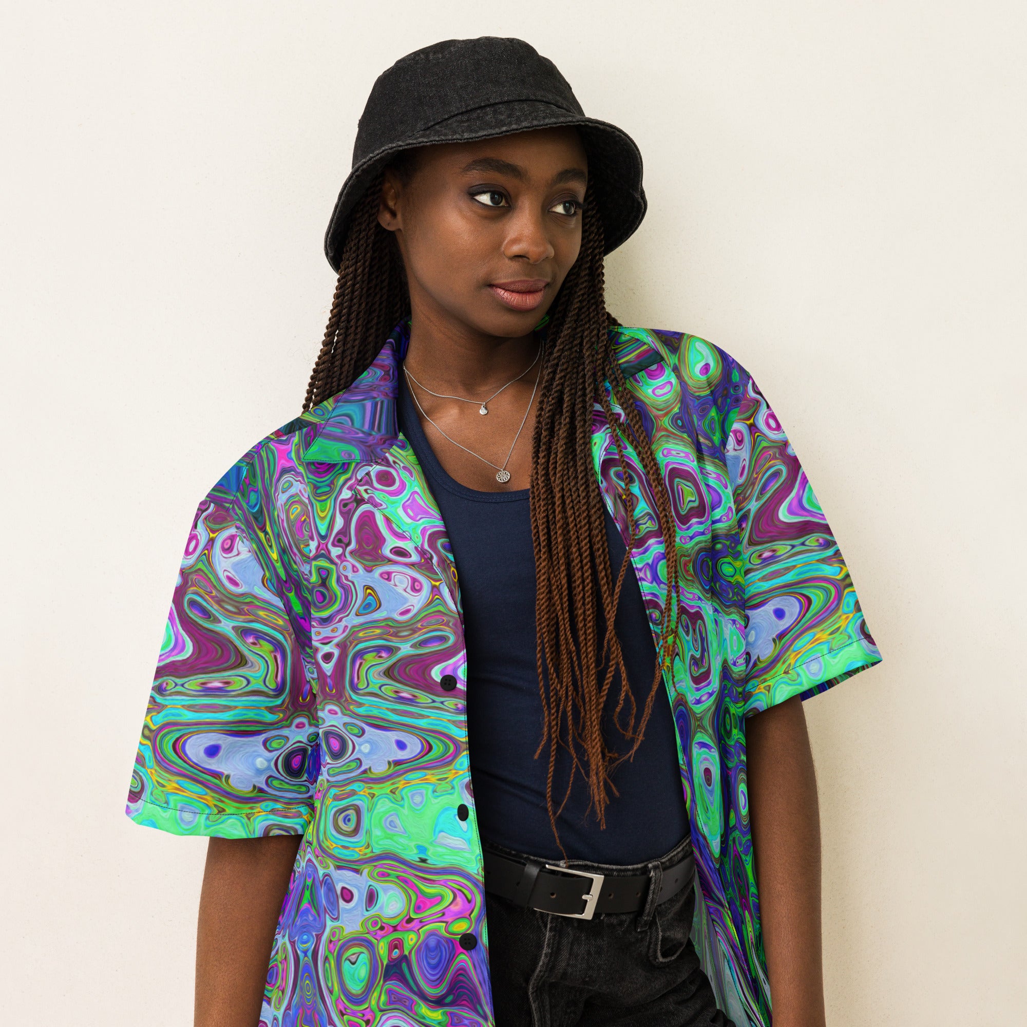 Unisex Button Shirt | Abstract Green and Purple Wavy Mosaic Retro