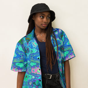 Unisex Button Shirt | Abstract Colorful Blue Wavy Mosaic Retro