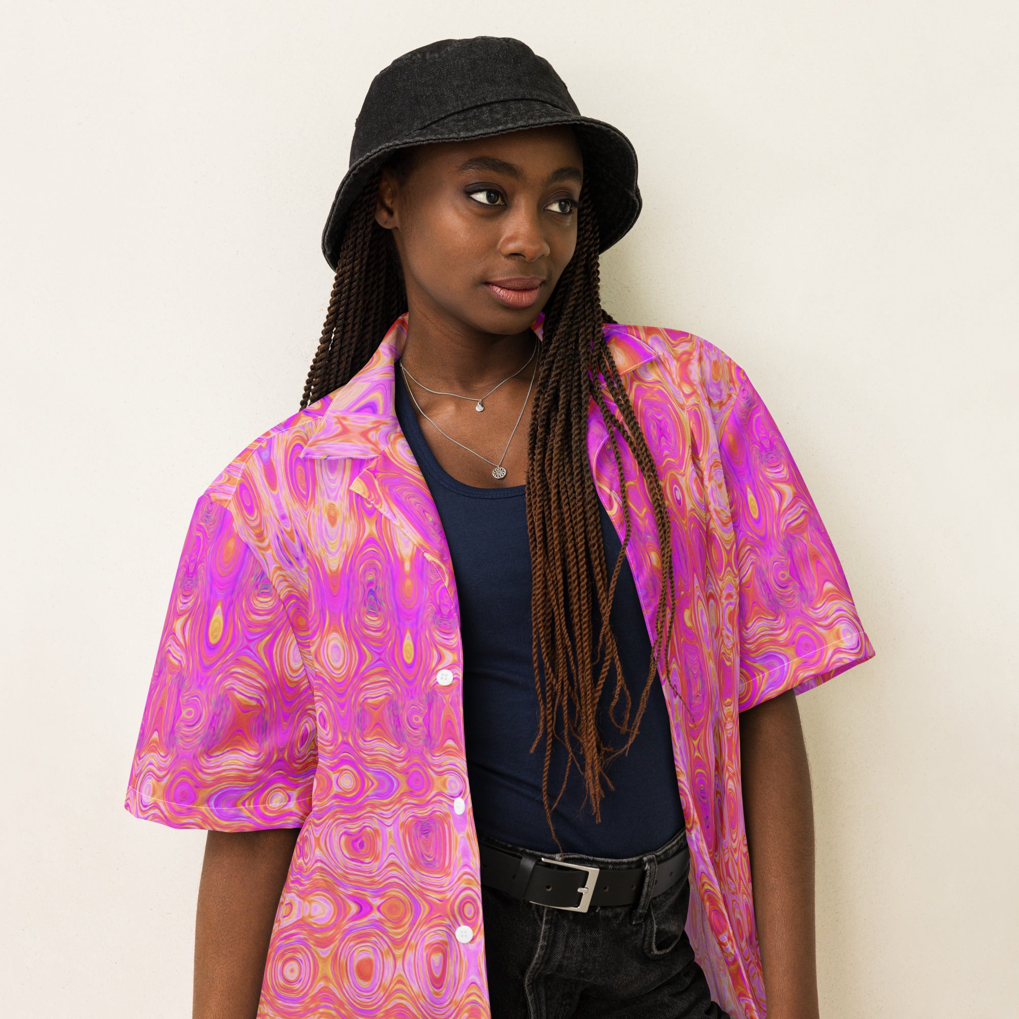 Unisex Button Shirt | Cool Abstract Pink and Magenta Atomic Retro Zigzags