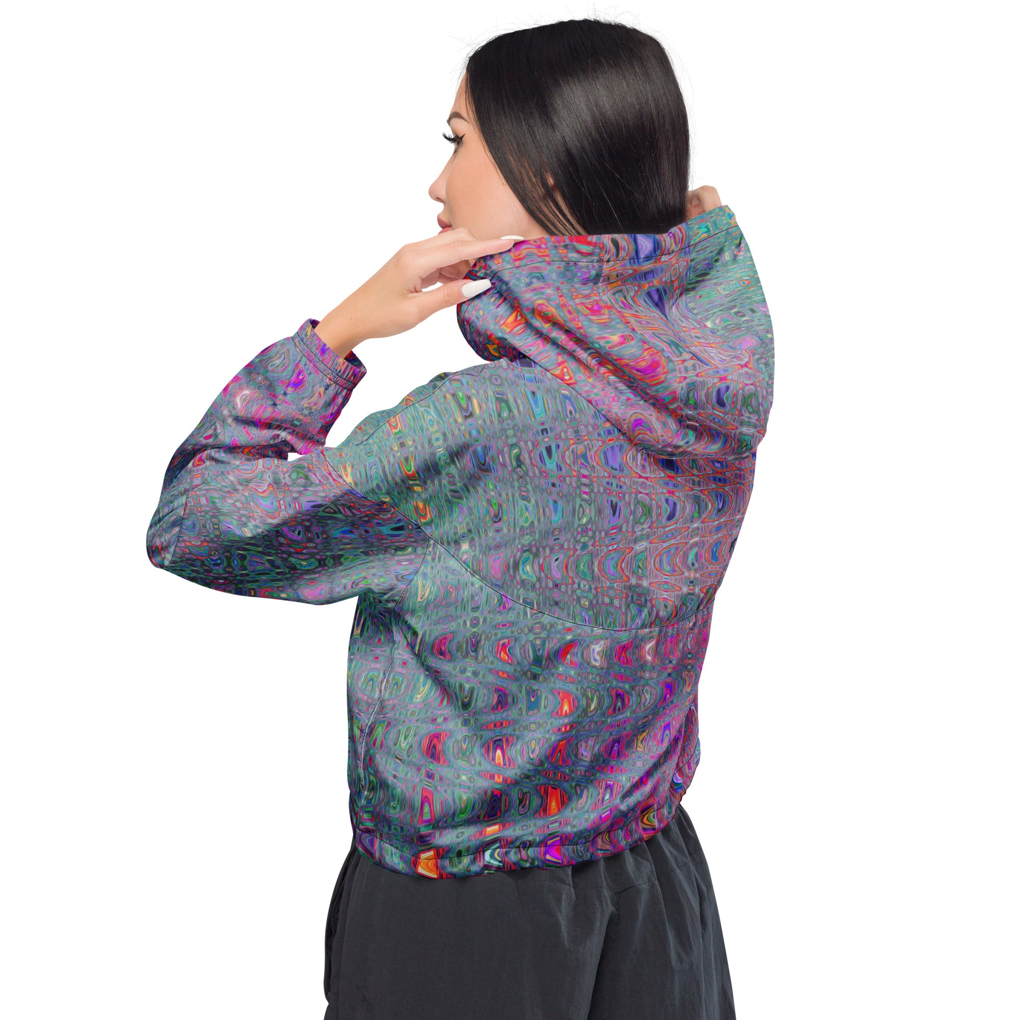 Women’s Cropped Windbreaker | Abstract Kaleidoscopic Retro Boomerang Waves