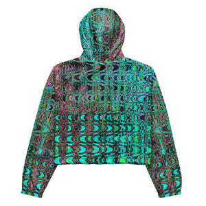 Women’s Cropped Windbreaker | Abstract Kaleidoscopic Aqua Retro Boomerang Waves