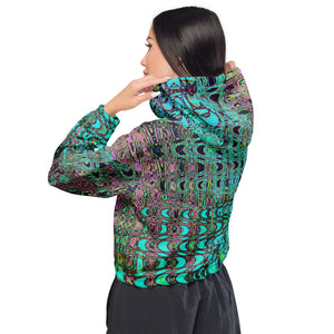 Women’s Cropped Windbreaker | Abstract Kaleidoscopic Aqua Retro Boomerang Waves