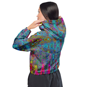 Women’s Cropped Windbreaker | Trippy Sky Blue Abstract Retro Atomic Waves