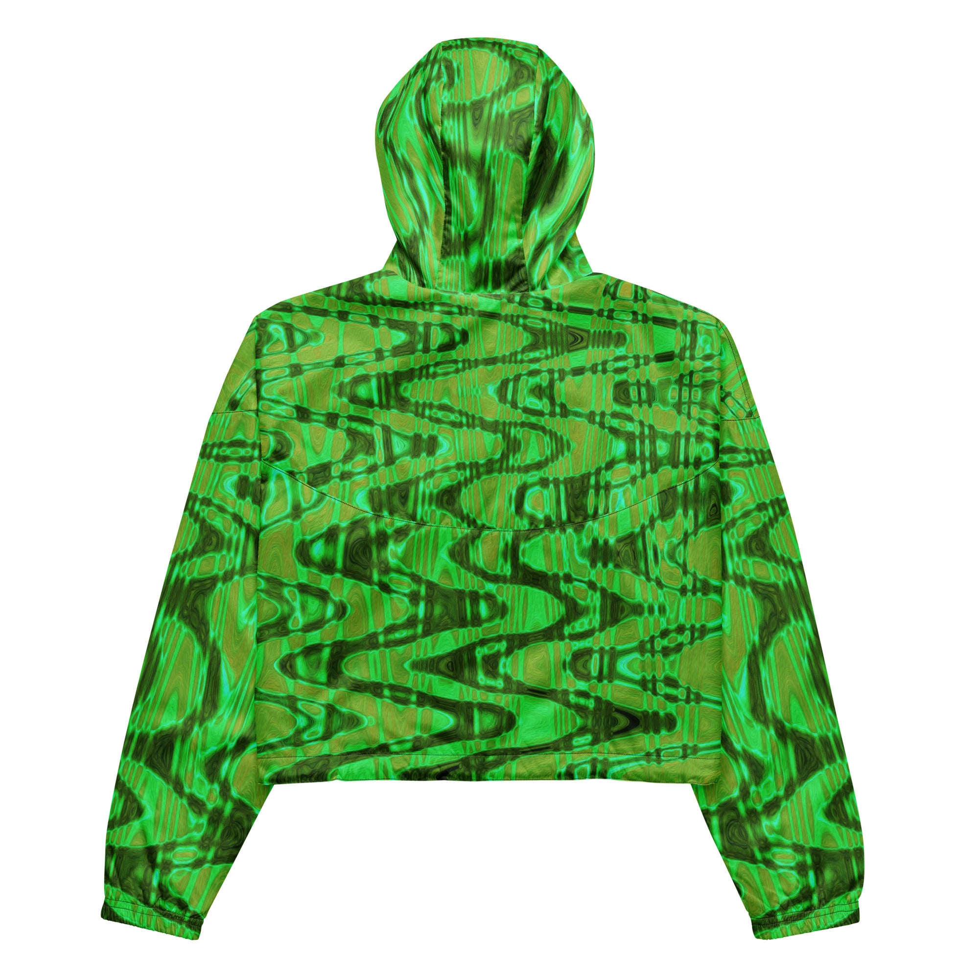 Women’s Cropped Windbreaker | Cool Green and Gold Abstract Tie Dye Retro Waves