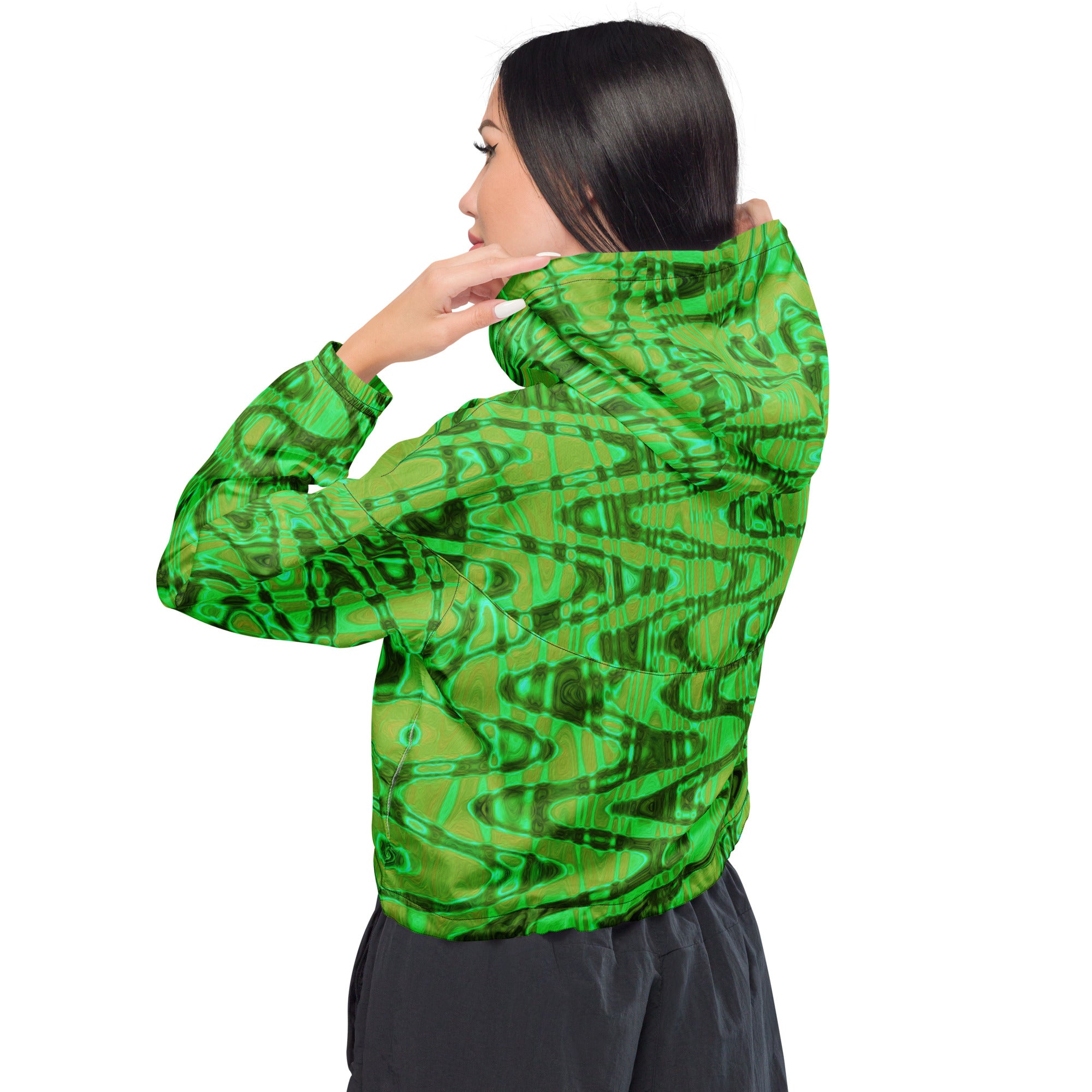 Women’s Cropped Windbreaker | Cool Green and Gold Abstract Tie Dye Retro Waves