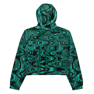 Women’s Cropped Windbreaker | Cool Black and Green Abstract Tie Dye Retro Waves