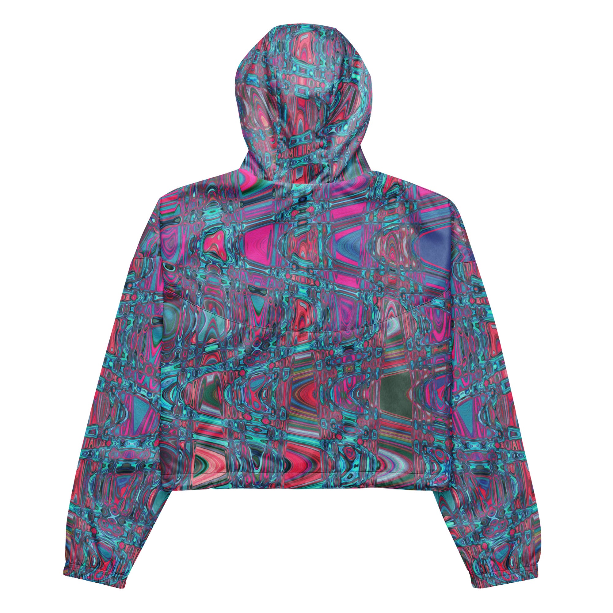 Women’s Cropped Windbreaker | Cool Abstract Blue and Magenta Retro Zigzag Waves
