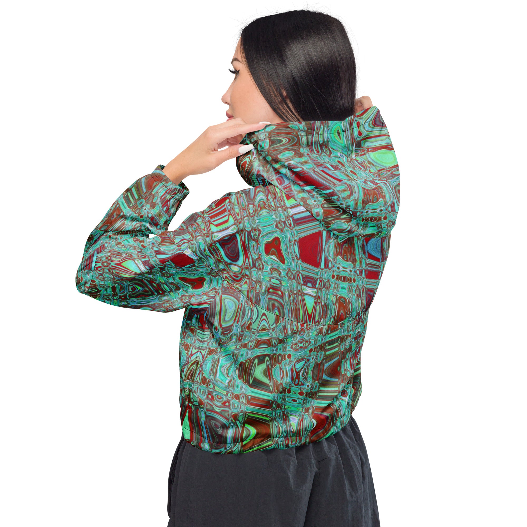 Women’s Cropped Windbreaker | Cool Abstract Blue and Red Retro Zigzag Waves