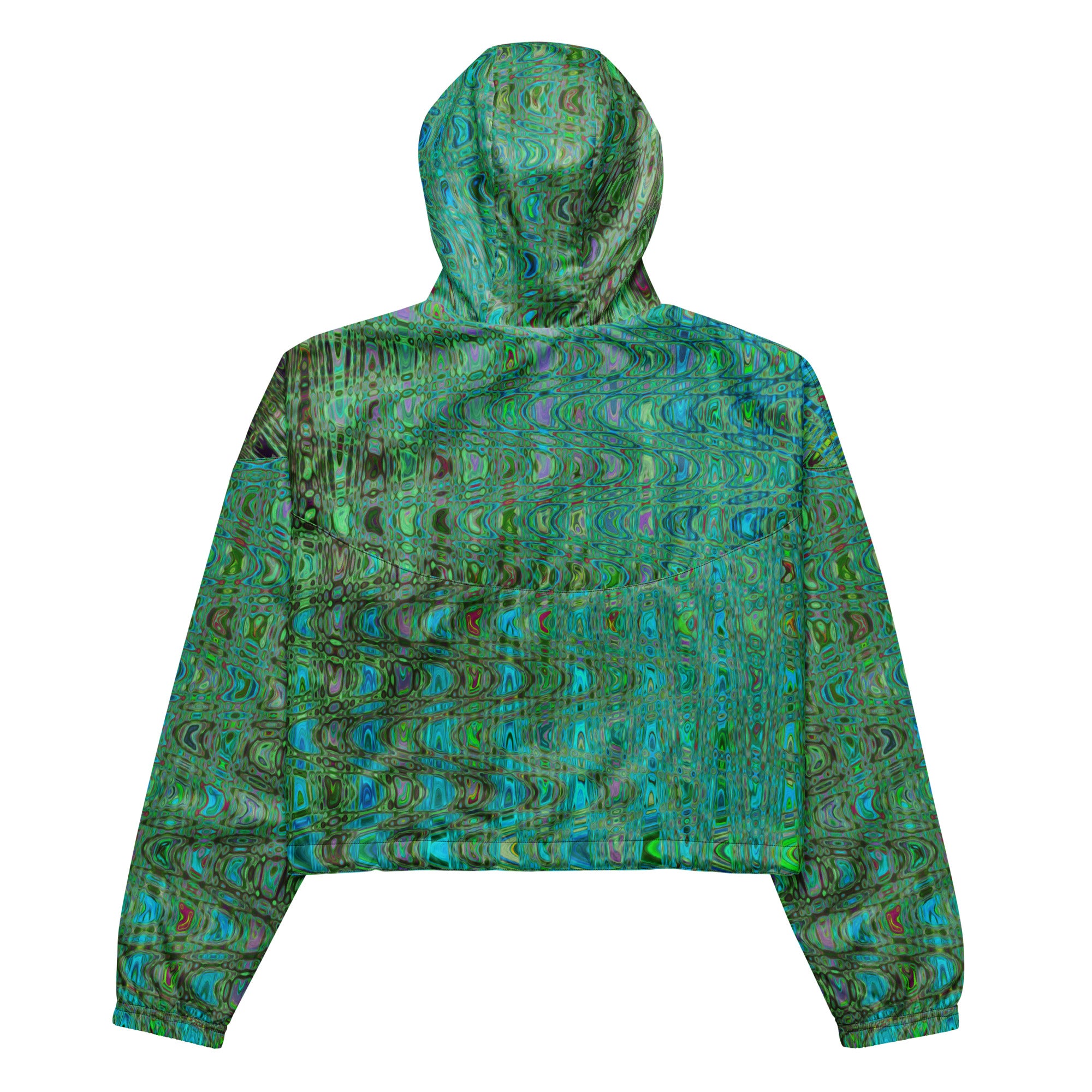 Women’s Cropped Windbreaker | Abstract Green and Blue Retro Boomerang Waves