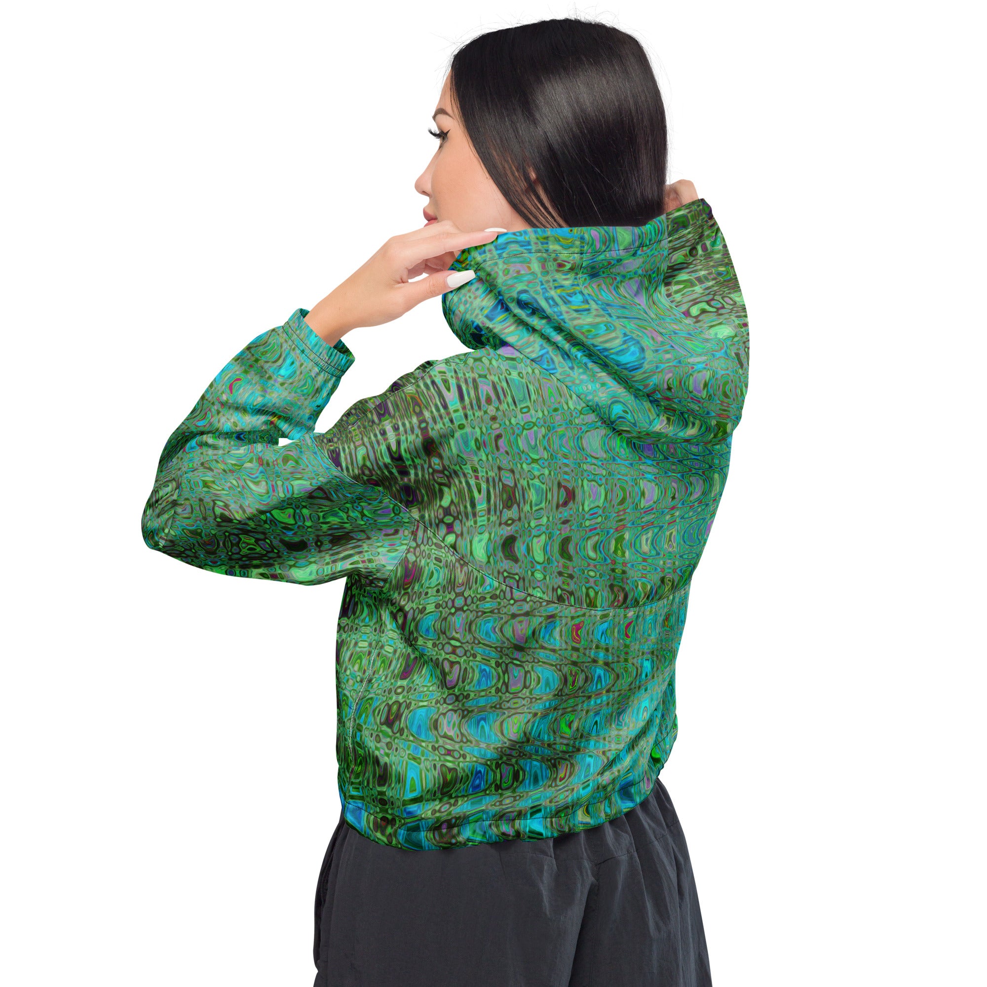 Women’s Cropped Windbreaker | Abstract Green and Blue Retro Boomerang Waves