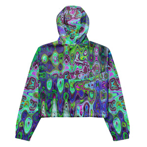 Women’s Cropped Windbreaker | Abstract Green and Purple Wavy Mosaic Retro