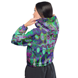 Women’s Cropped Windbreaker | Abstract Green and Purple Wavy Mosaic Retro