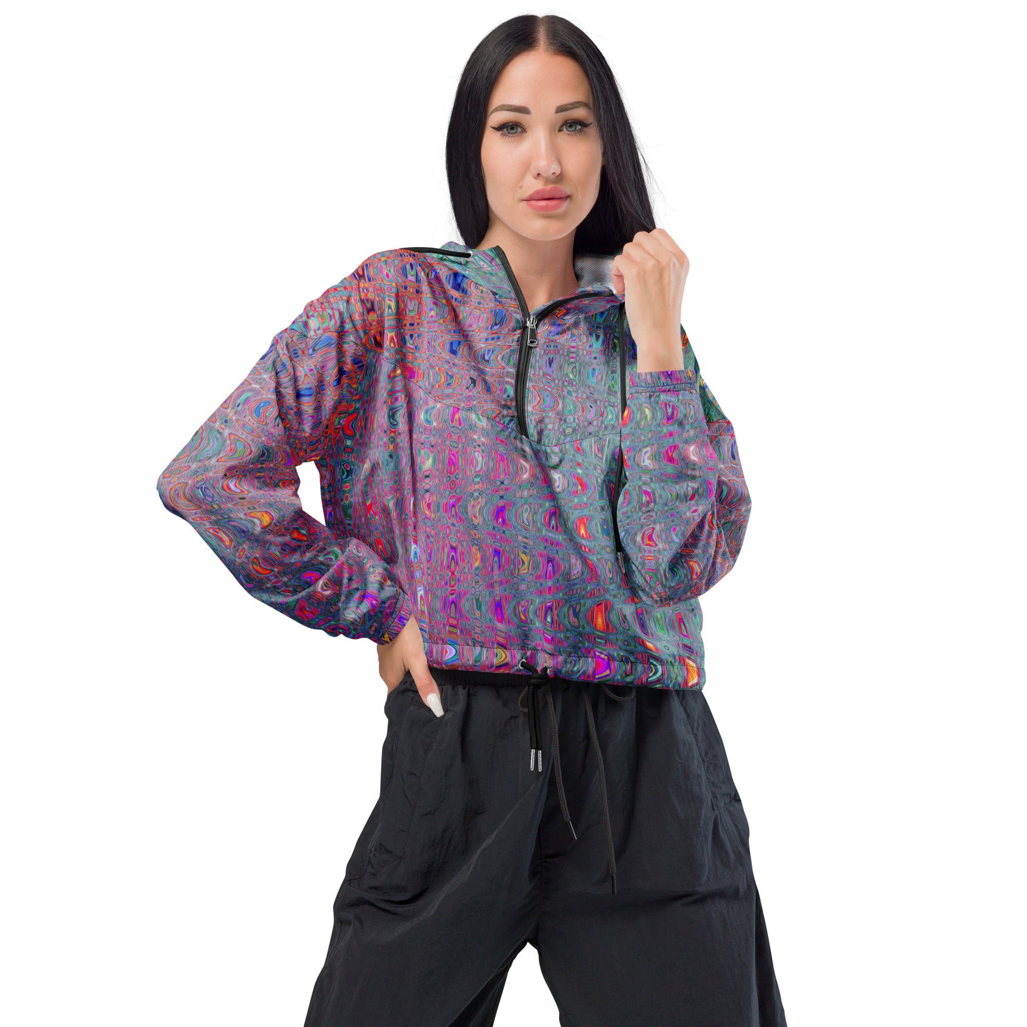 Women’s Cropped Windbreaker | Abstract Kaleidoscopic Retro Boomerang Waves