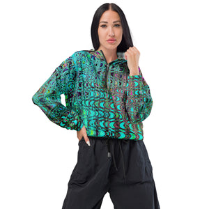 Women’s Cropped Windbreaker | Abstract Kaleidoscopic Aqua Retro Boomerang Waves