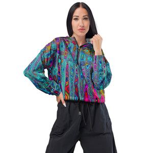 Women’s Cropped Windbreaker | Trippy Sky Blue Abstract Retro Atomic Waves