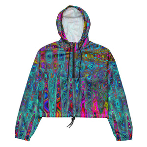 Women’s Cropped Windbreaker | Trippy Sky Blue Abstract Retro Atomic Waves