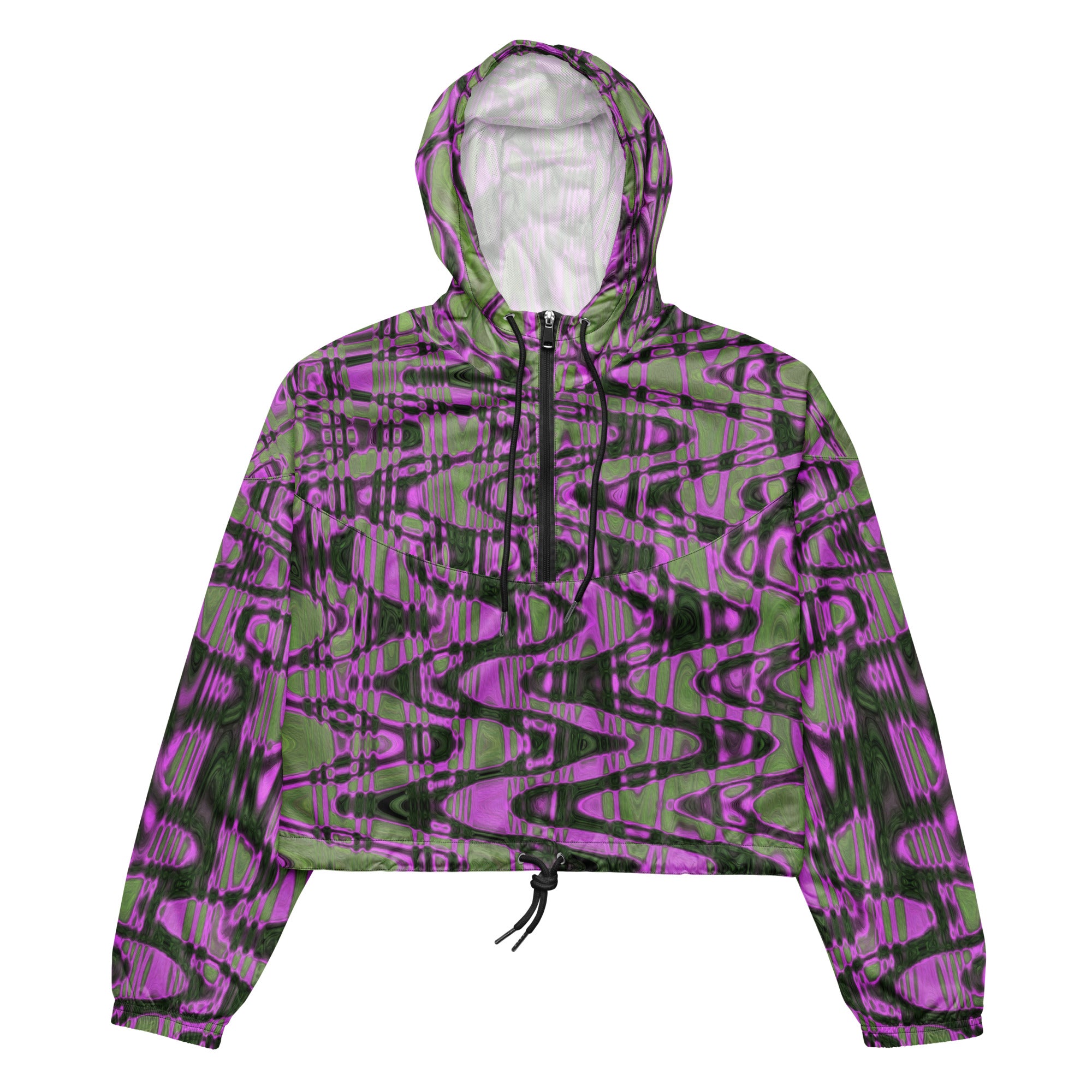 Women’s Cropped Windbreaker | Cool Green and Pink Abstract Tie Dye Retro Waves