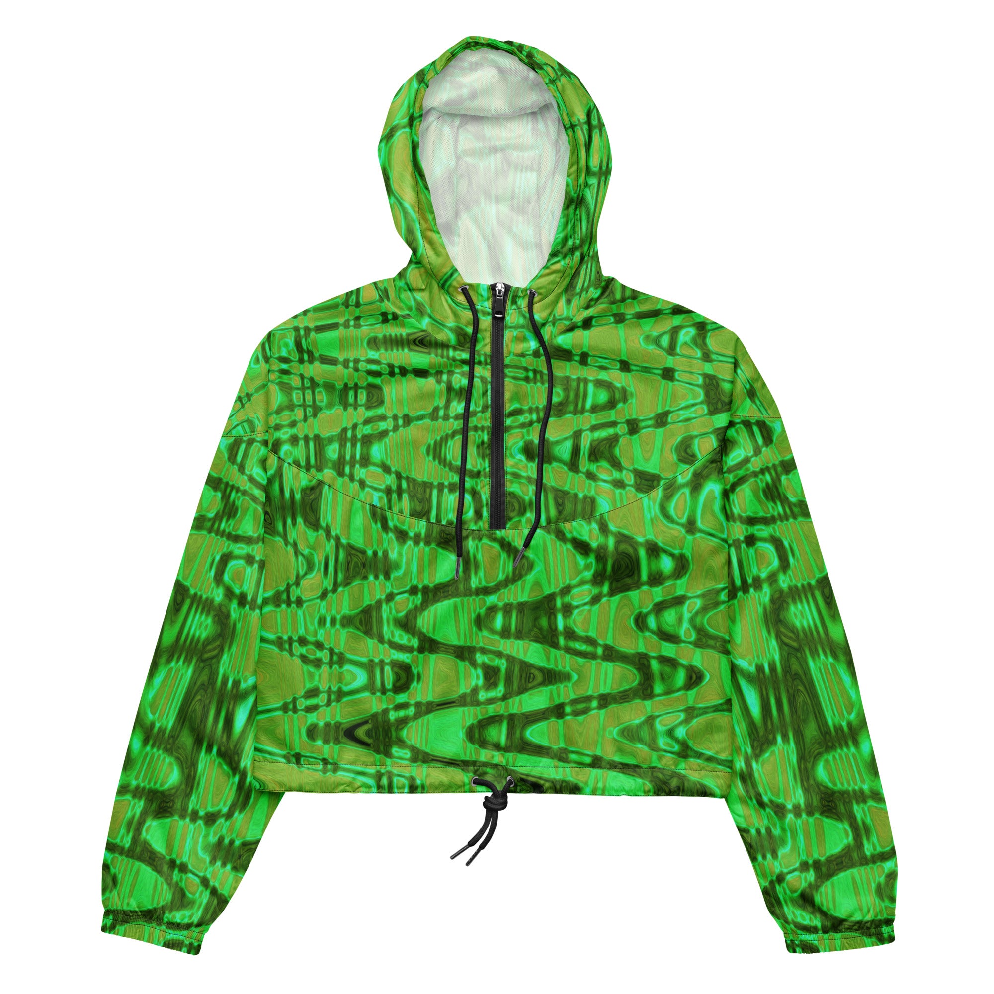 Women’s Cropped Windbreaker | Cool Green and Gold Abstract Tie Dye Retro Waves
