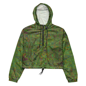 Women’s Cropped Windbreaker | Retro Abstract Chartreuse Green Squiggly Lines