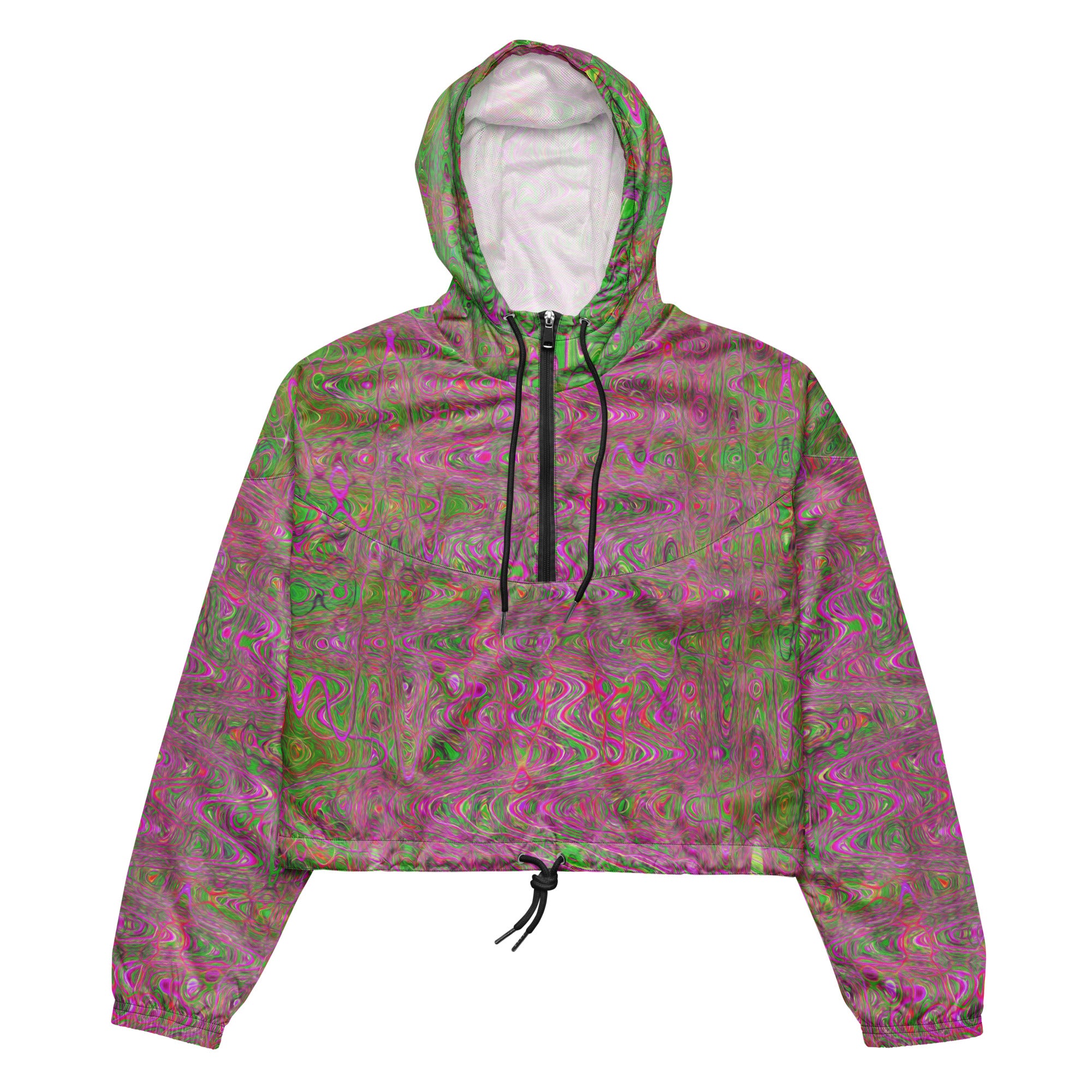 Women’s Cropped Windbreaker | Retro Abstract Magenta and Green Squiggly Lines