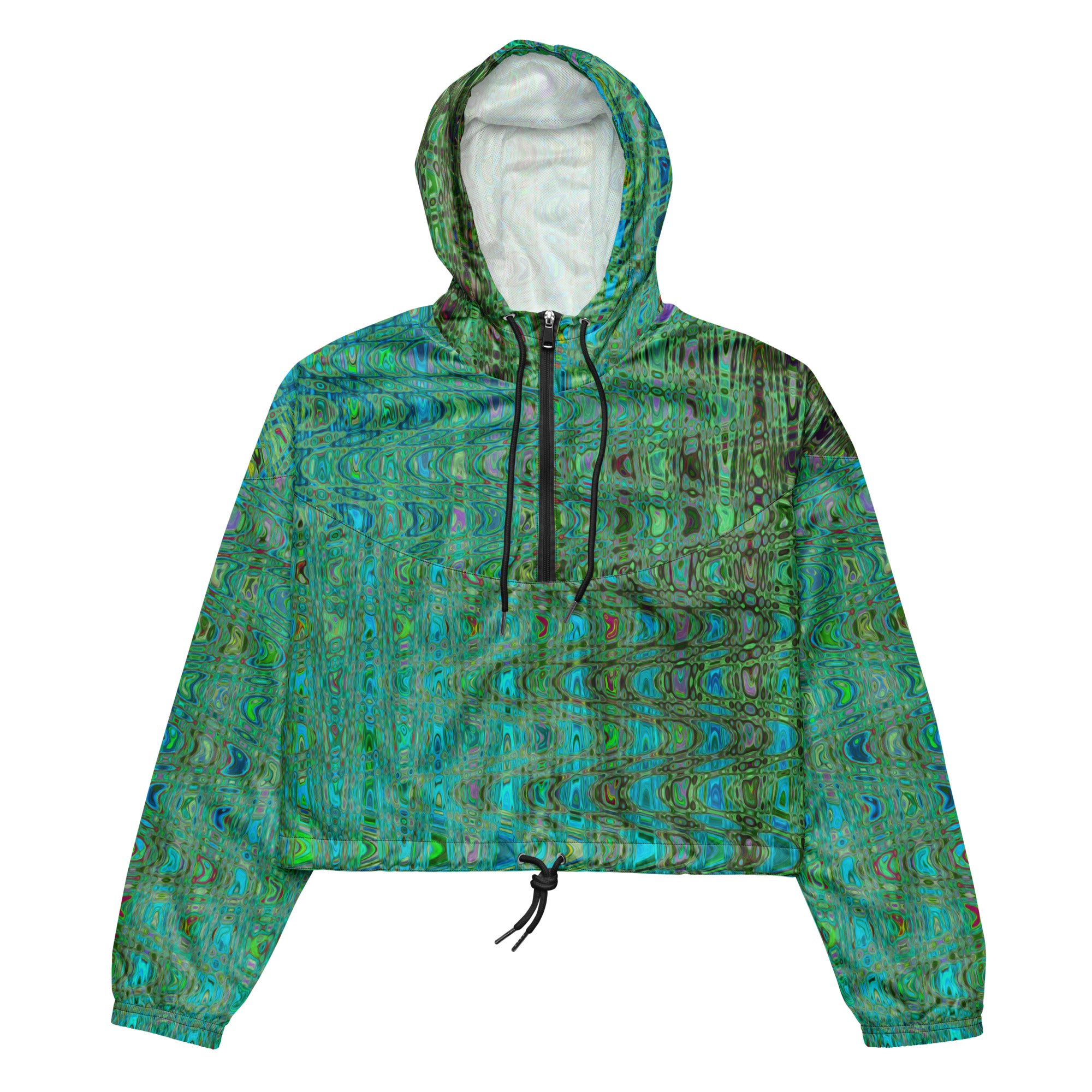 Women’s Cropped Windbreaker | Abstract Green and Blue Retro Boomerang Waves