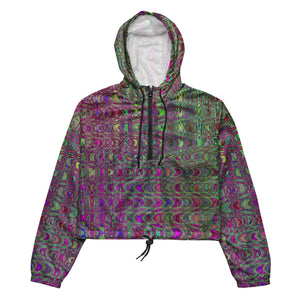 Women’s Cropped Windbreaker | Abstract Purple and Green Retro Boomerang Waves