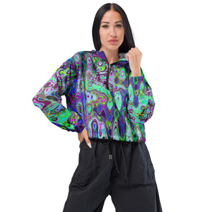 Women’s Cropped Windbreaker | Abstract Green and Purple Wavy Mosaic Retro