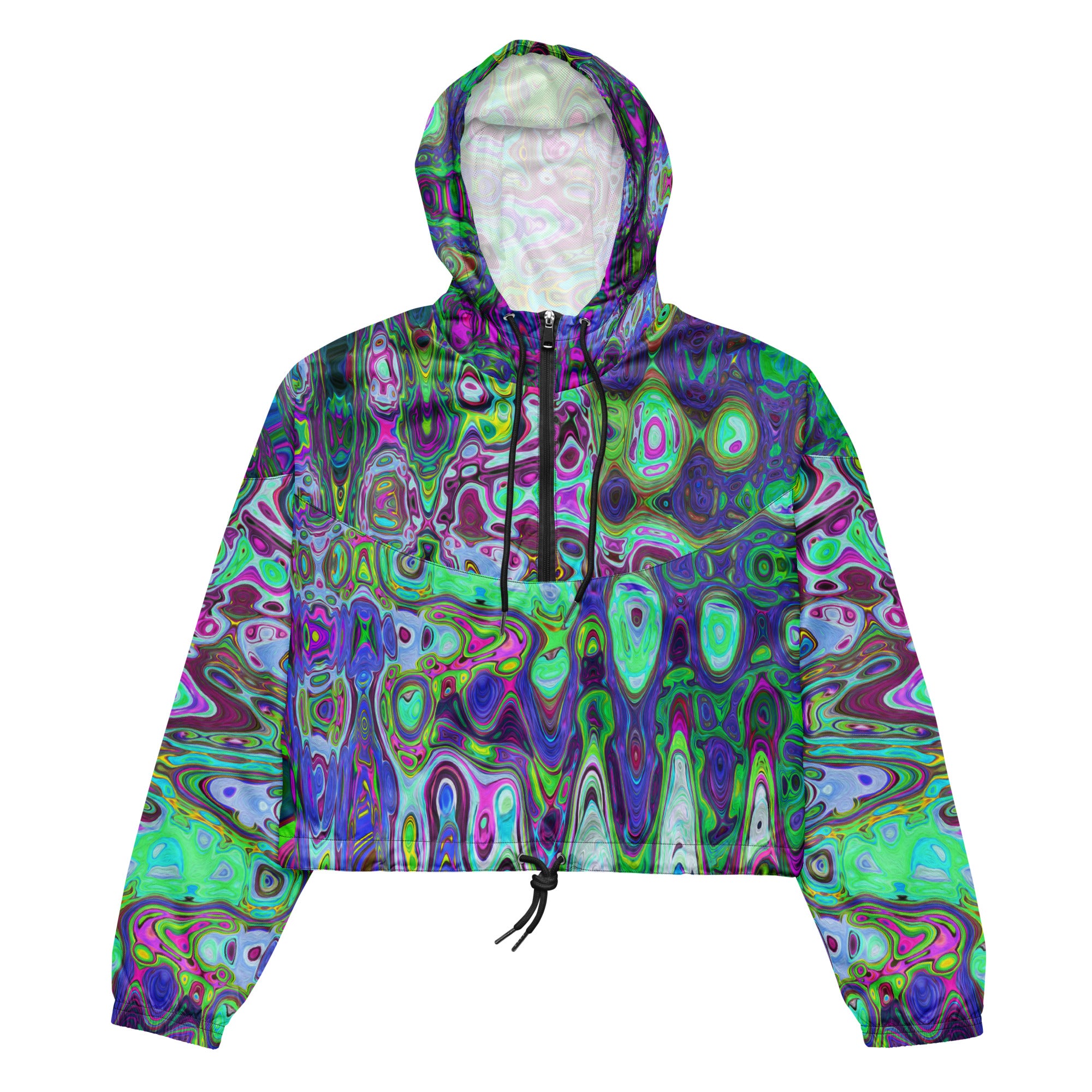 Women’s Cropped Windbreaker | Abstract Green and Purple Wavy Mosaic Retro