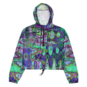 Women’s Cropped Windbreaker | Abstract Green and Purple Wavy Mosaic Retro