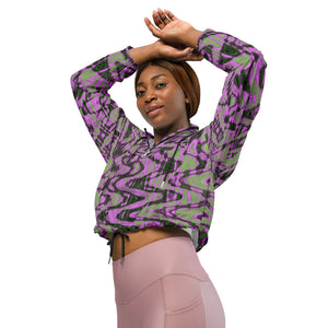 Women’s Cropped Windbreaker | Cool Green and Pink Abstract Tie Dye Retro Waves