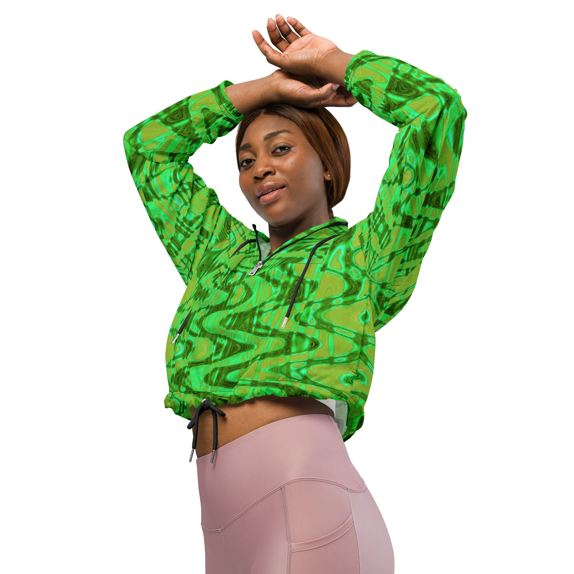 Women’s Cropped Windbreaker | Cool Green and Gold Abstract Tie Dye Retro Waves