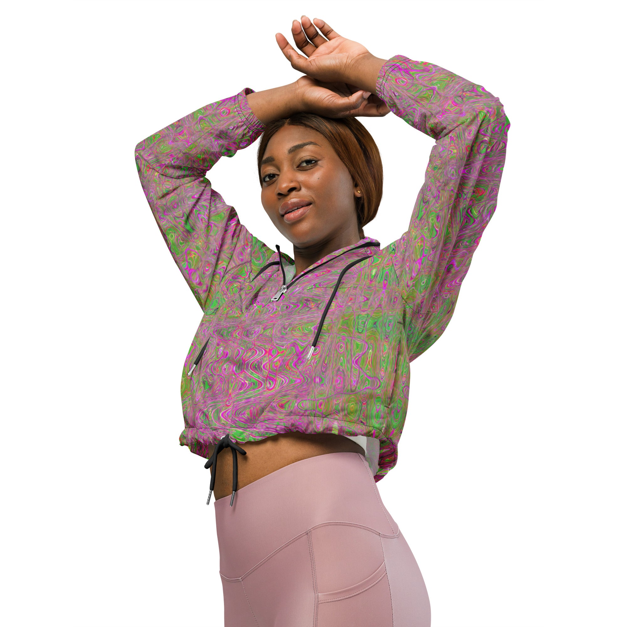 Women’s Cropped Windbreaker | Retro Abstract Magenta and Green Squiggly Lines
