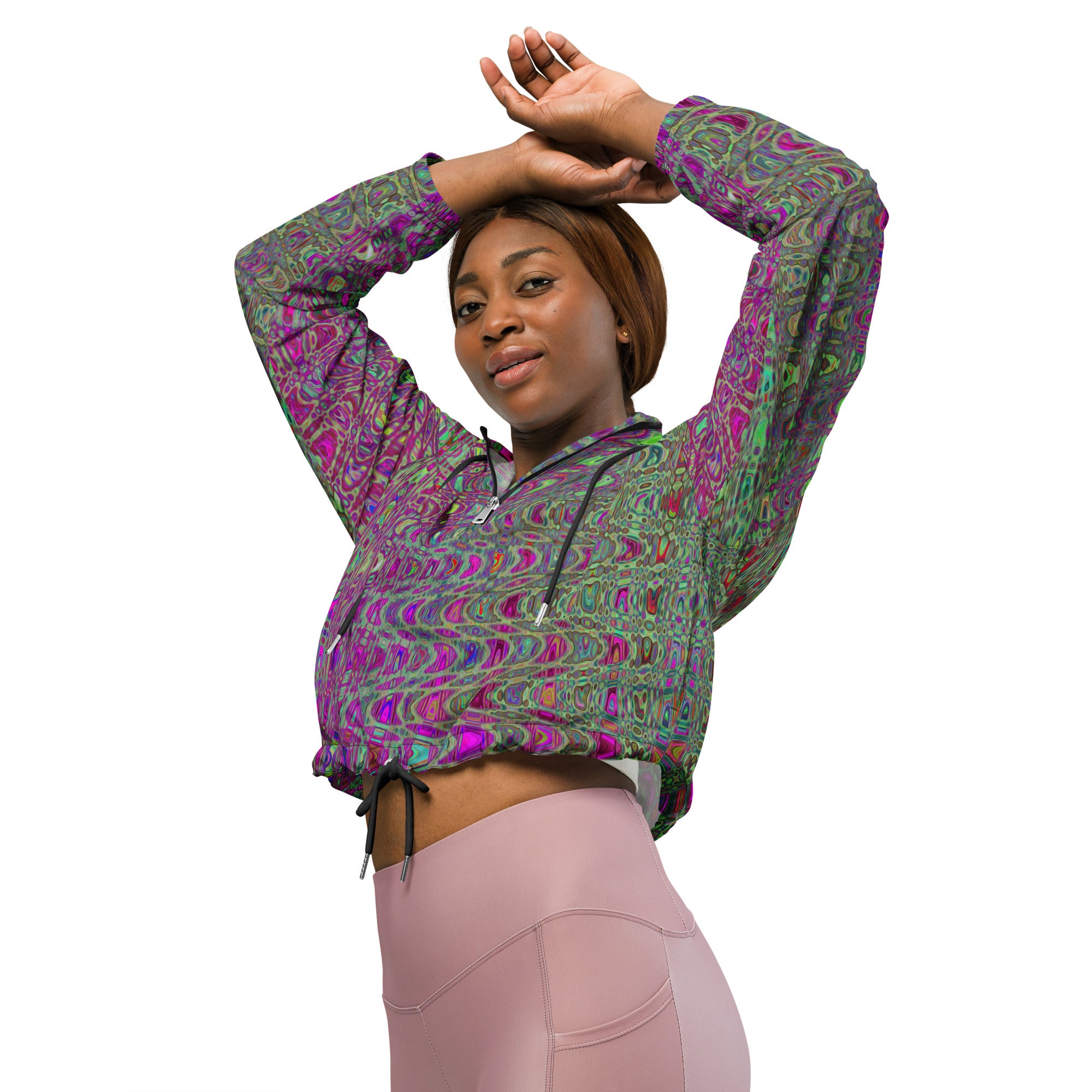 Women’s Cropped Windbreaker | Abstract Purple and Green Retro Boomerang Waves