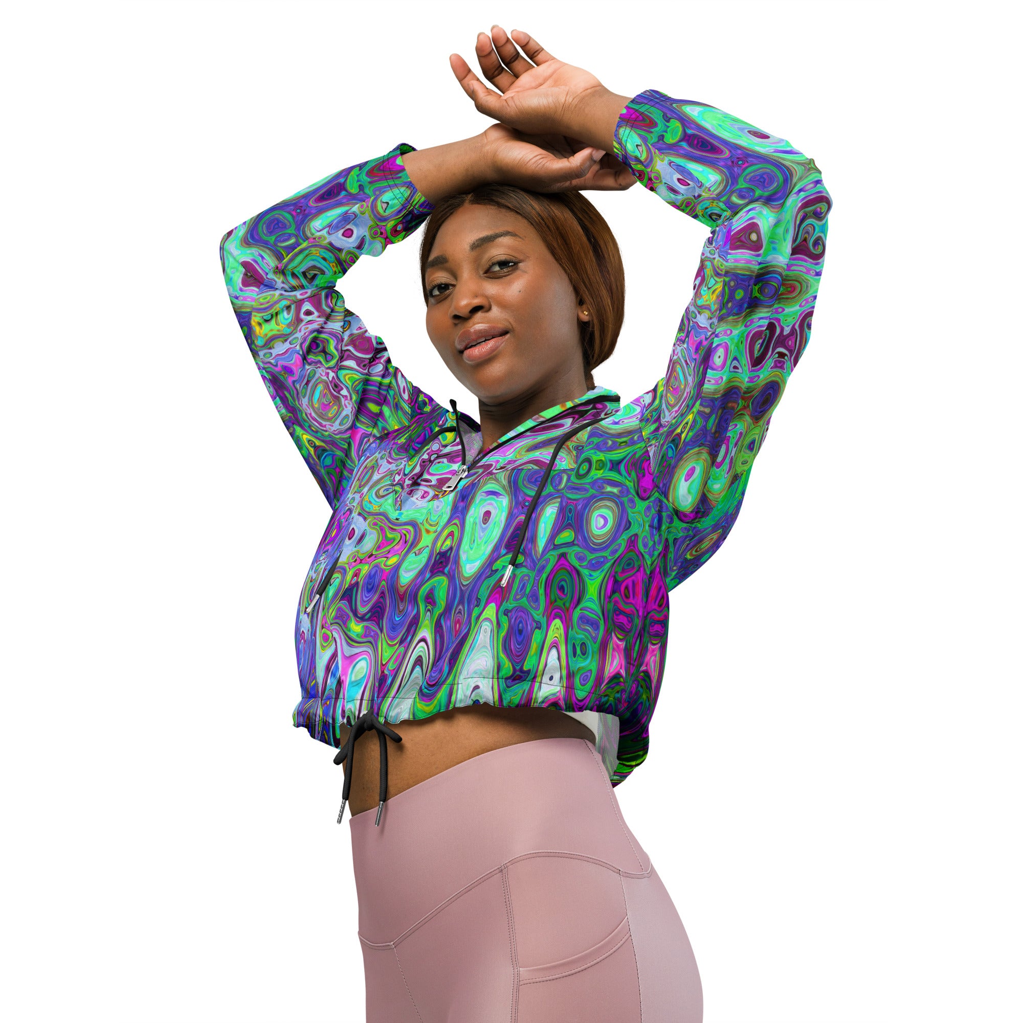 Women’s Cropped Windbreaker | Abstract Green and Purple Wavy Mosaic Retro