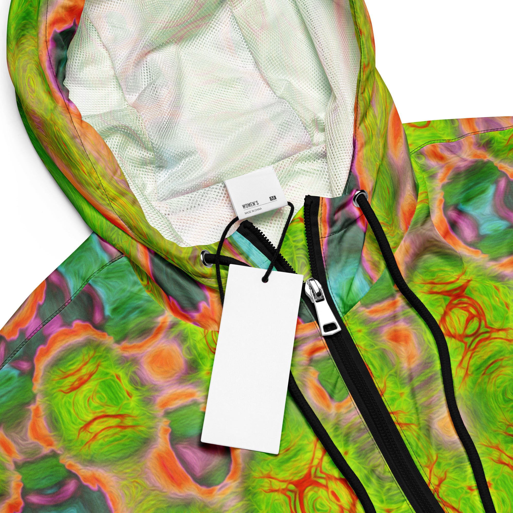 Women’s Cropped Windbreaker | Abstract Yellow and Red Wavy Tie Dye Clouds