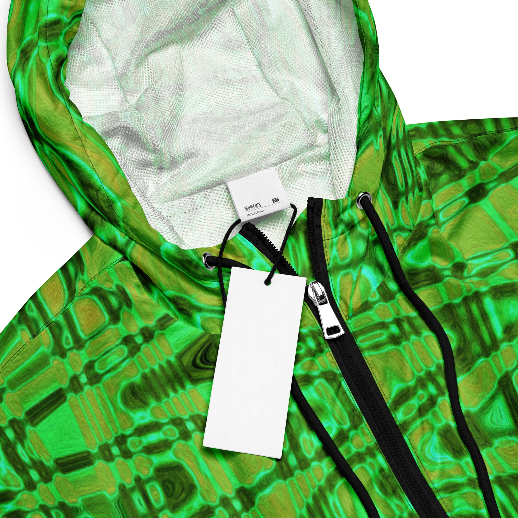 Women’s Cropped Windbreaker | Cool Green and Gold Abstract Tie Dye Retro Waves