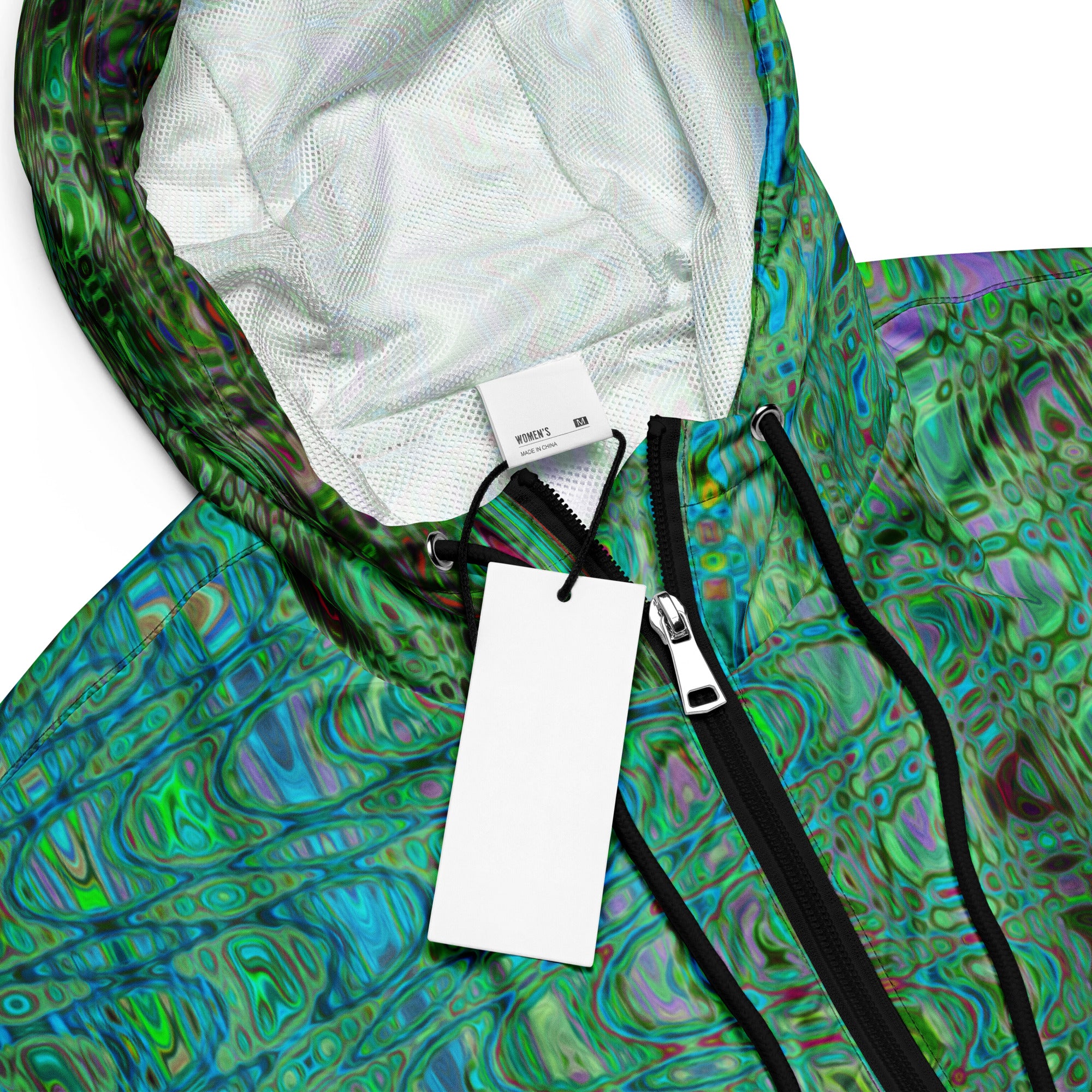 Women’s Cropped Windbreaker | Abstract Green and Blue Retro Boomerang Waves