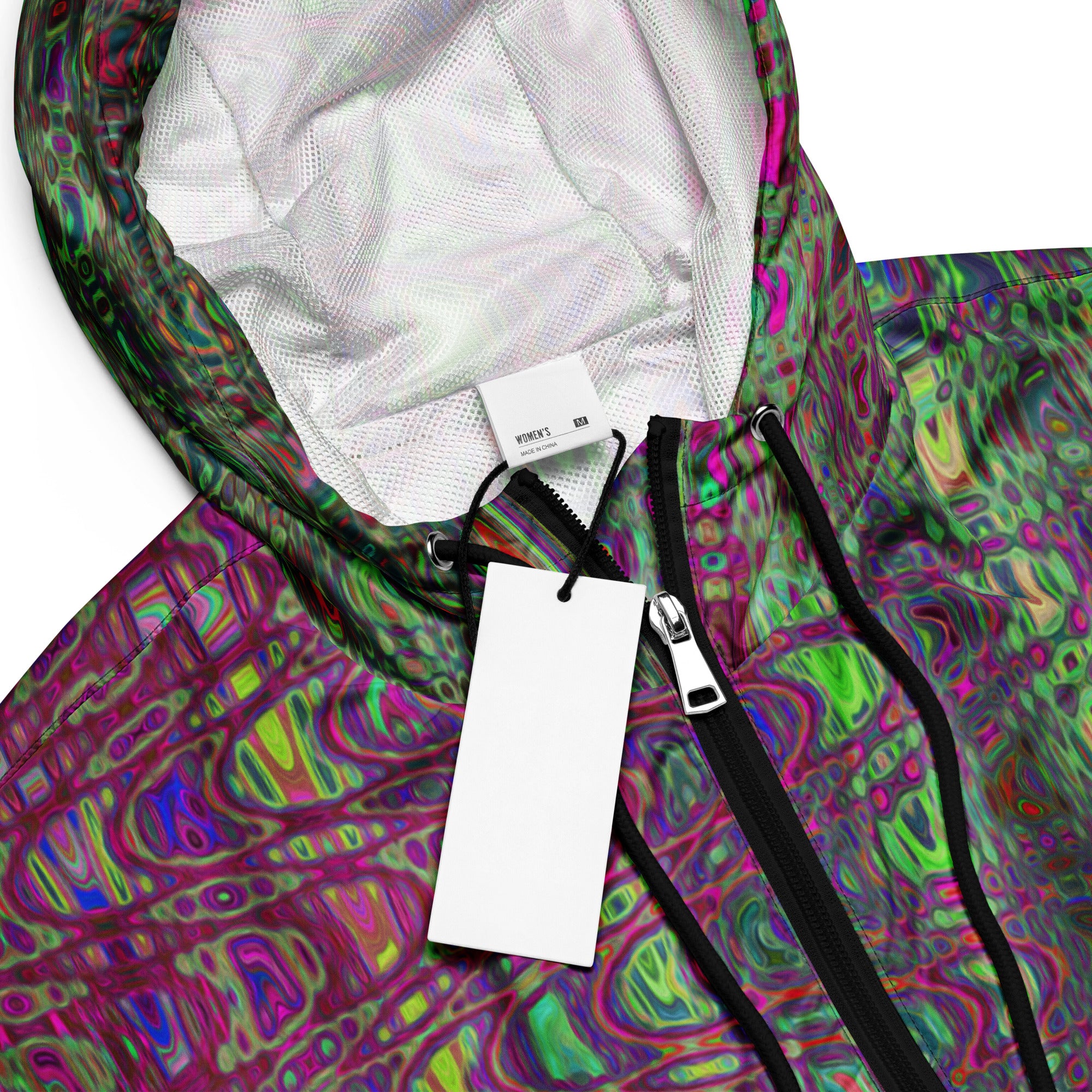 Women’s Cropped Windbreaker | Abstract Purple and Green Retro Boomerang Waves