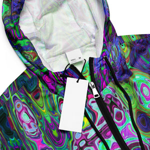 Women’s Cropped Windbreaker | Abstract Green and Purple Wavy Mosaic Retro