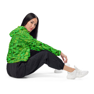 Women’s Cropped Windbreaker | Cool Green and Gold Abstract Tie Dye Retro Waves