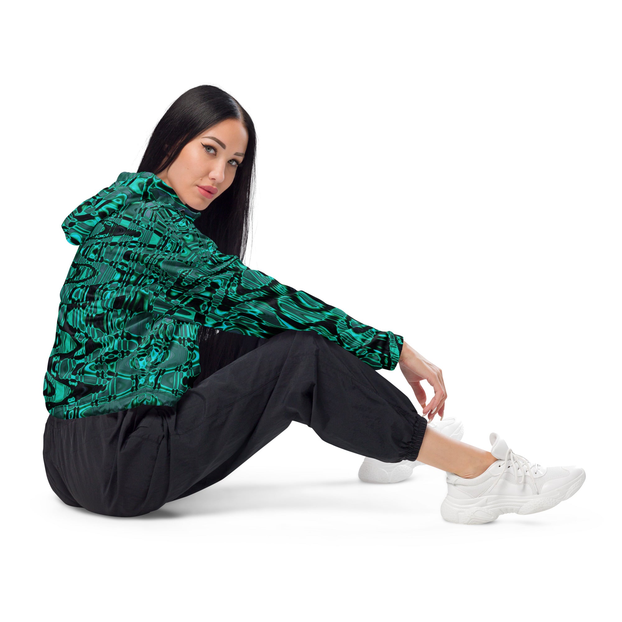 Women’s Cropped Windbreaker | Cool Black and Green Abstract Tie Dye Retro Waves