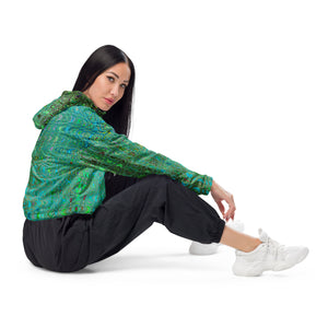 Women’s Cropped Windbreaker | Abstract Green and Blue Retro Boomerang Waves