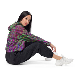 Women’s Cropped Windbreaker | Abstract Purple and Green Retro Boomerang Waves