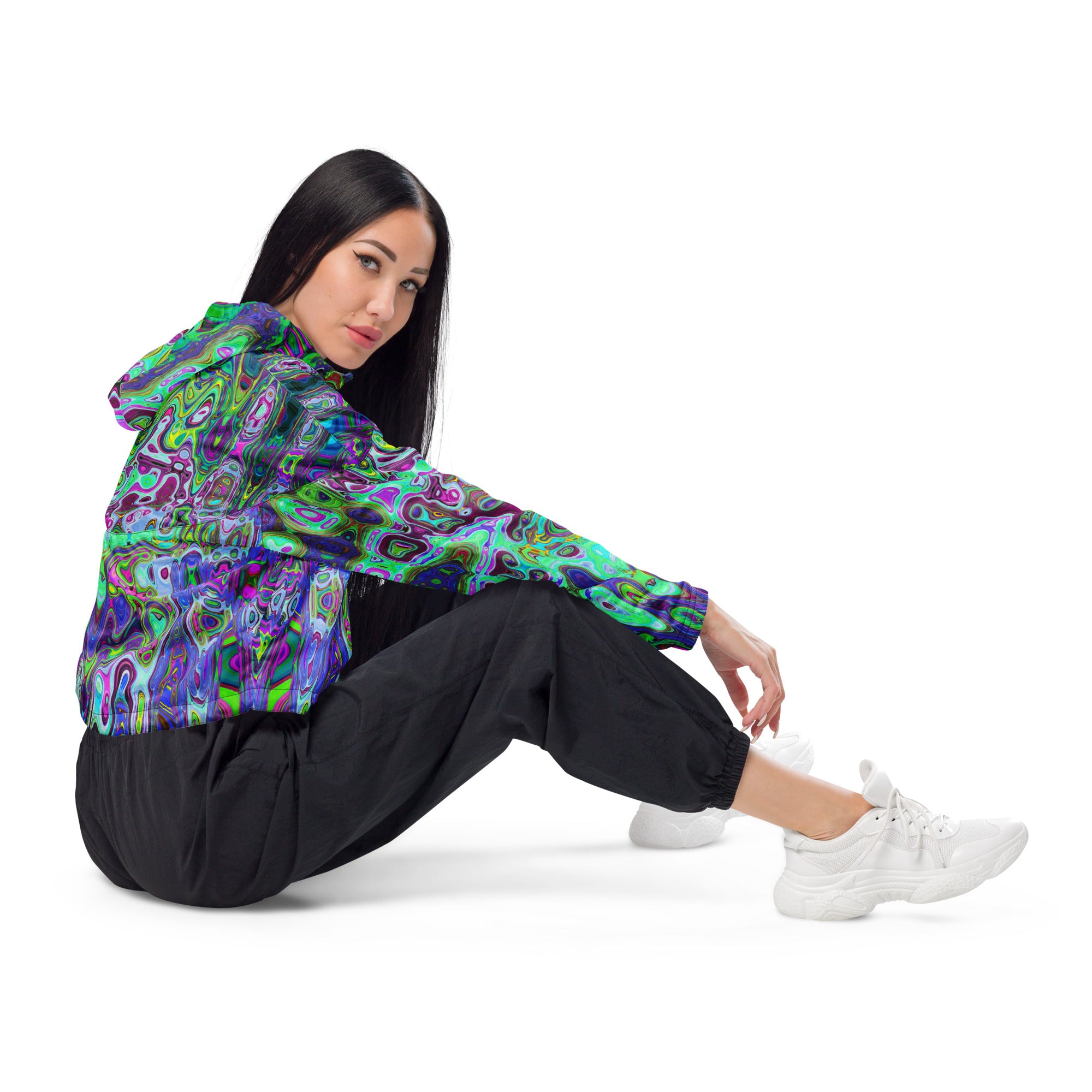 Women’s Cropped Windbreaker | Abstract Green and Purple Wavy Mosaic Retro