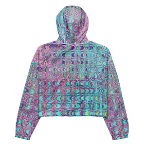 Women’s Cropped Windbreaker | Abstract Aqua and Purple Retro Boomerang Waves