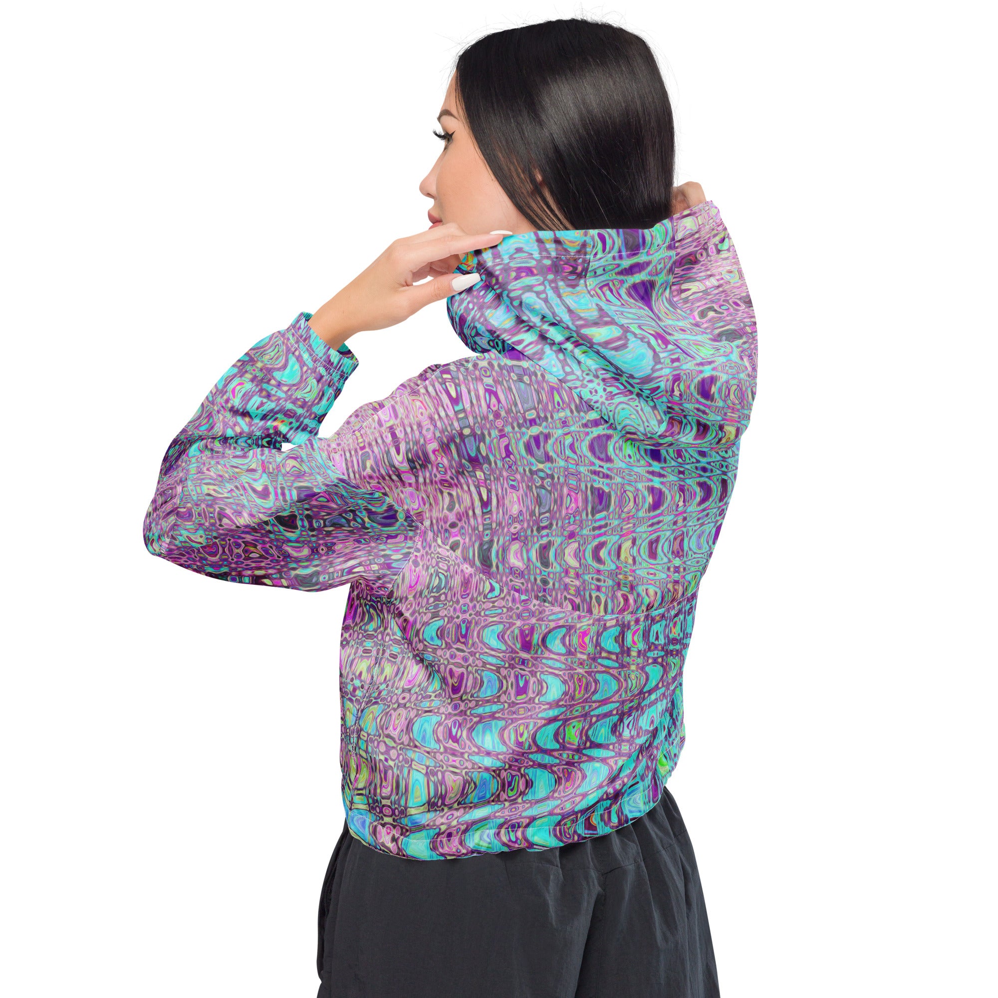 Women’s Cropped Windbreaker | Abstract Aqua and Purple Retro Boomerang Waves