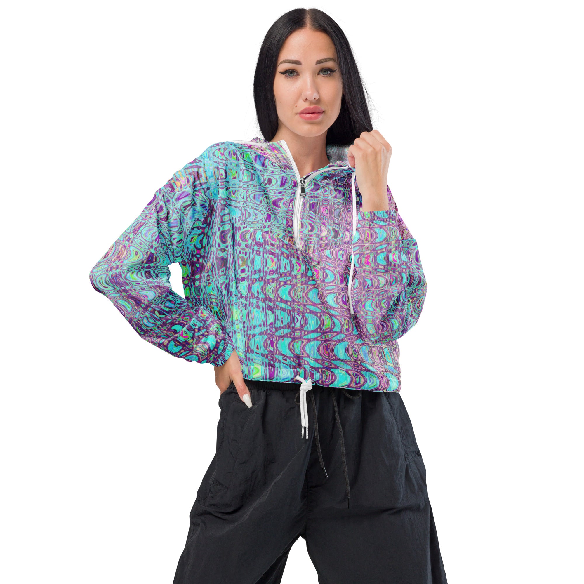 Women’s Cropped Windbreaker | Abstract Aqua and Purple Retro Boomerang Waves